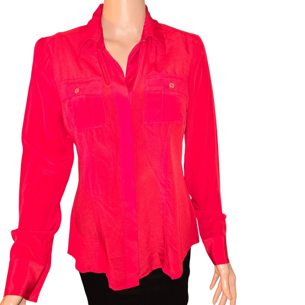White House Black Market Silk Blouse Red Button‎ Down Long Sleeve Size 2